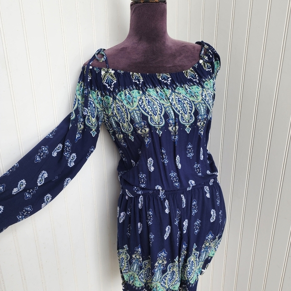 Kori America White Navy Blue Romper Off The Shoulder Tie Paisley Rayon Sz M - Picture 4 of 16